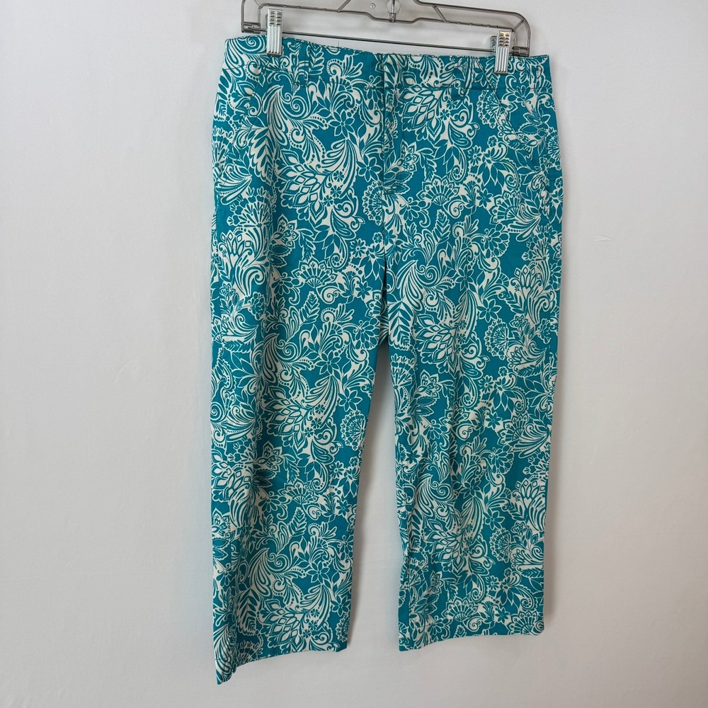 Pappagallo Womens Teal White Floral Paisley Cropped Capri Pants Size 8 Stretch